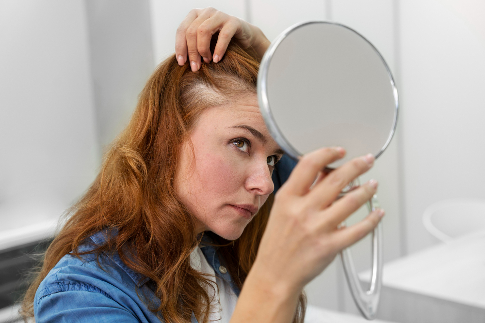 Eine Frau prüft mit einem Spiegel wie fettig ihre Haare sind als Symbolbild für Ratgeber: Haare fetten schnell